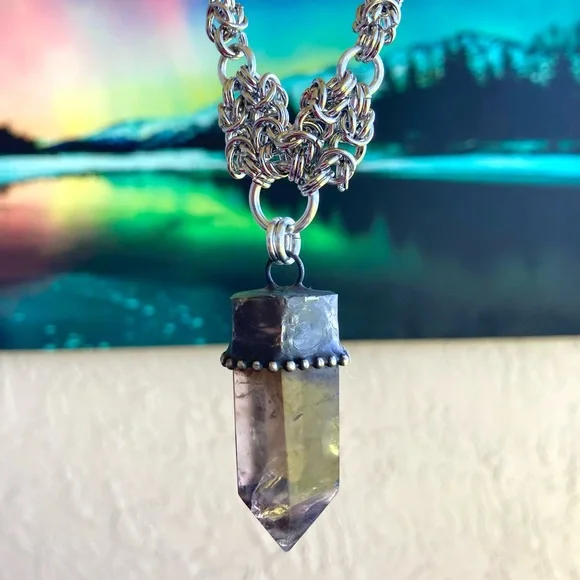 Handmade big raw black Smokey crystal quartz maille silver boho goth necklace - Picture 14 of 16